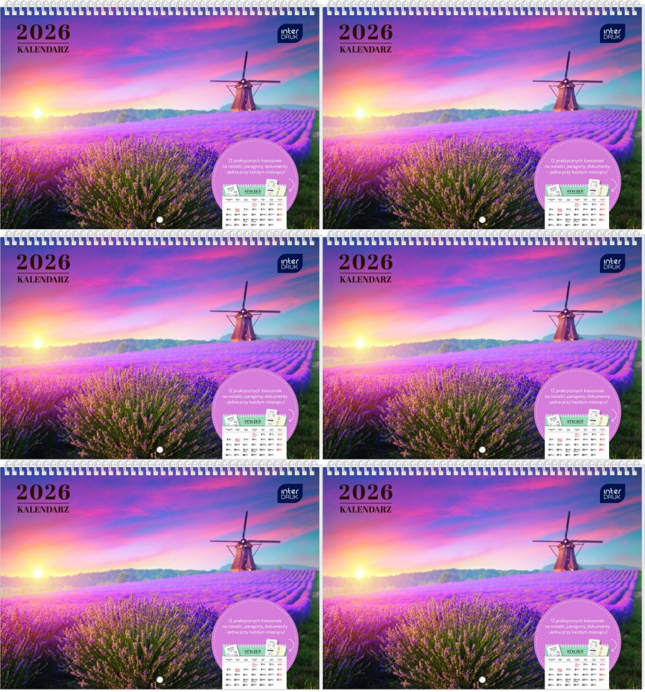 6x Kalendarz ścienny 2026, Interdruk, z kieszonką, 25x17.5cm, miesięczny, Widoki