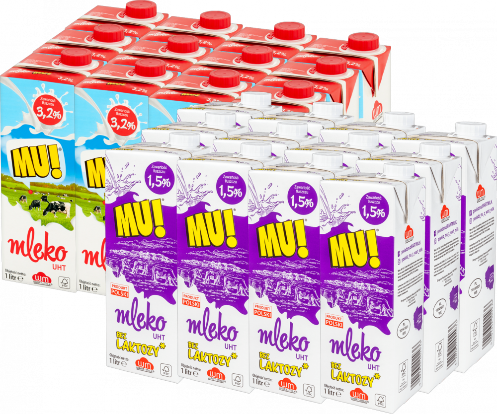 Zestaw 12x Mleko UHT Wart-Milk MU!, 3.2%, 1l + 12x Mleko UHT Wart-Milk MU!, bez laktozy, 1.5%, 1l