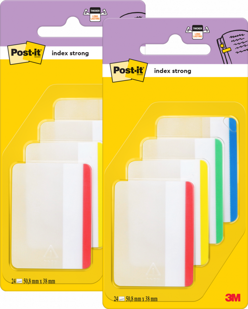 2x Zakładki samoprzylepne Post-it proste, indeksujące, silne, folia, transparentne, 50.8x38mm, 4x6 sztuk, mix kolorów