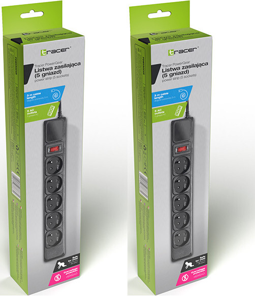 2x Listwa zasilająca Tracer PowerGuard, 3m, 5 gniazd, czarny