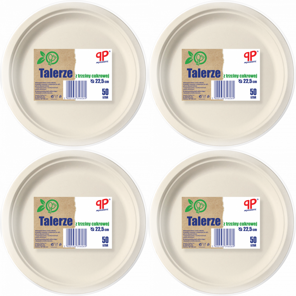 4x Talerze jednorazowe PP Professional, 23cm, trzcina cukrowa, 50 sztuk, biały