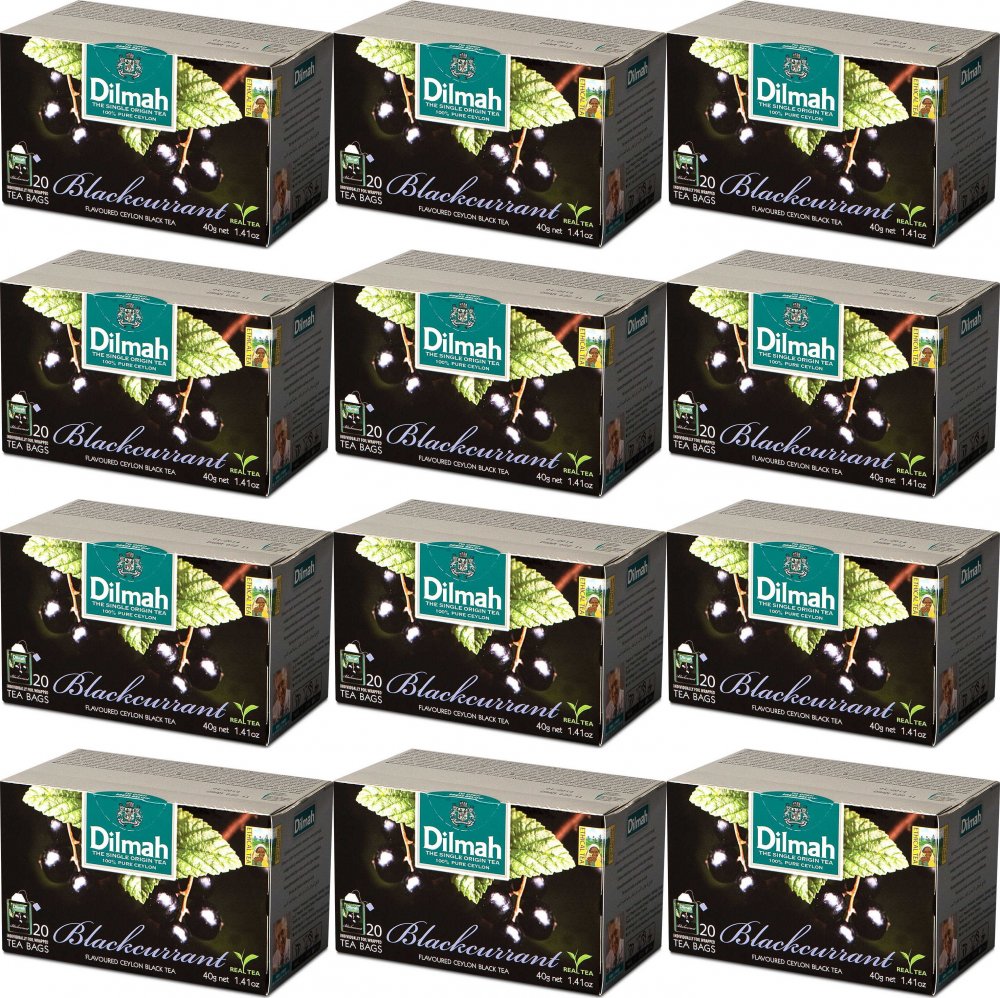 12x Herbata czarna aromatyzowana w kopertach Dilmah, czarna porzeczka, 20 sztuk x 2g