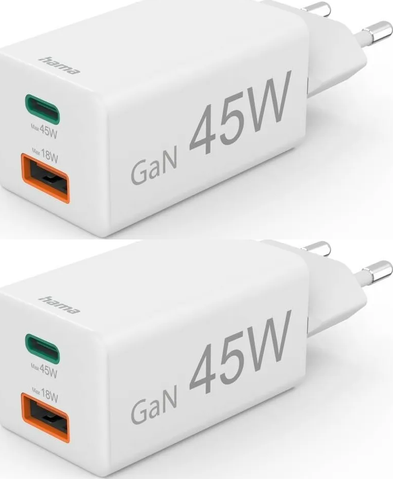 2x Ładowarka do telefonu Hama Mini, Power Delivery Quick Charge, GaN, USB-C/USB-A, 45W, biały