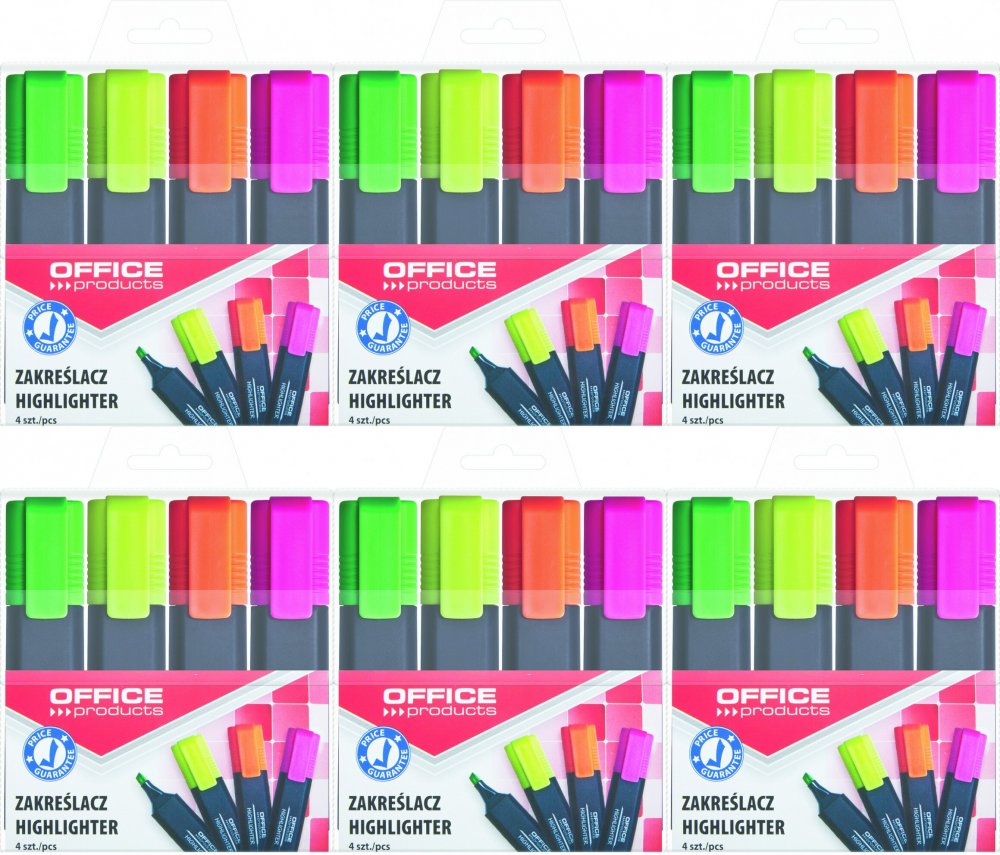 6x Zakreślacz Office Products, ścięta, 4 sztuki, mix kolorów fluorescencyjnych