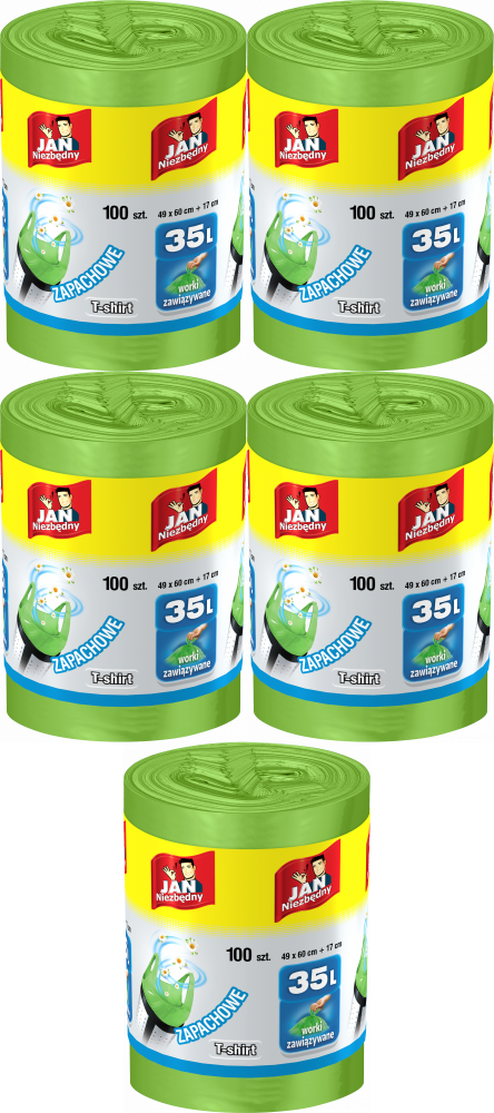 5x Worki na śmieci Jan Niezbędny T-shirt, zapachowe, na odpady zmieszane, 35l, 100 sztuk, zielony