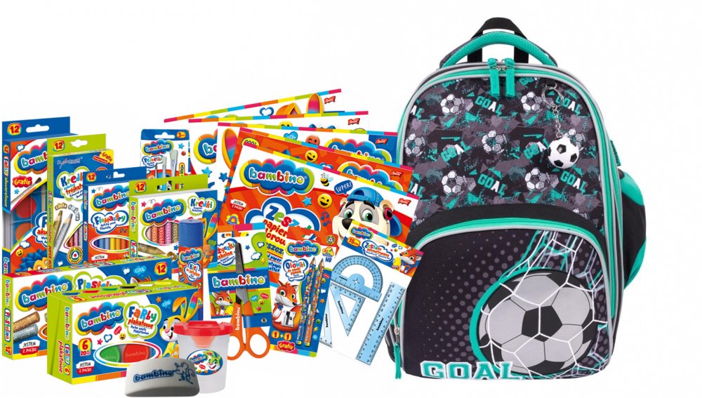 Zestaw: Plecak szkolny Bambino premium B8 Goal + wyprawka szkolna Bambino, 18-elementów