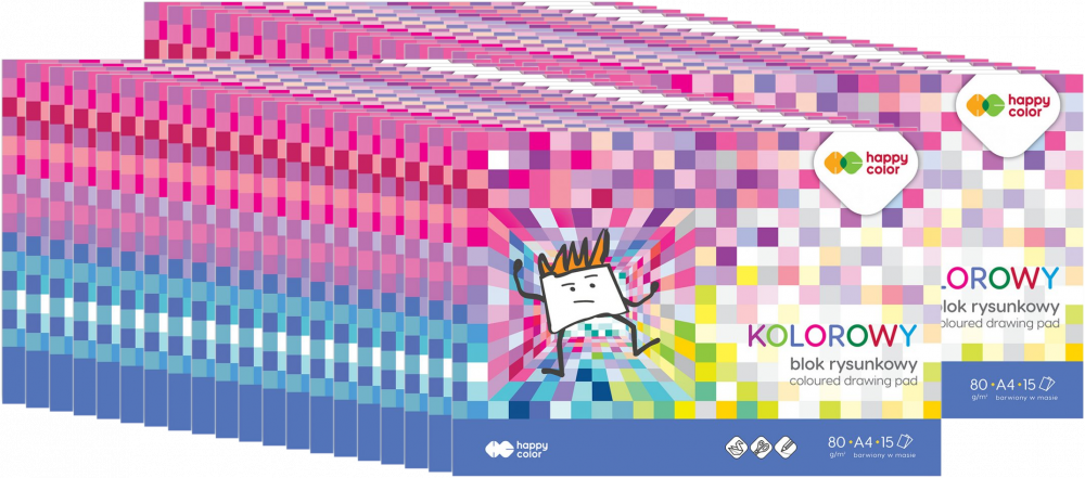 40x Blok rysunkowy kolorowy Happy Color, A4, 15 kartek, mix kolorów