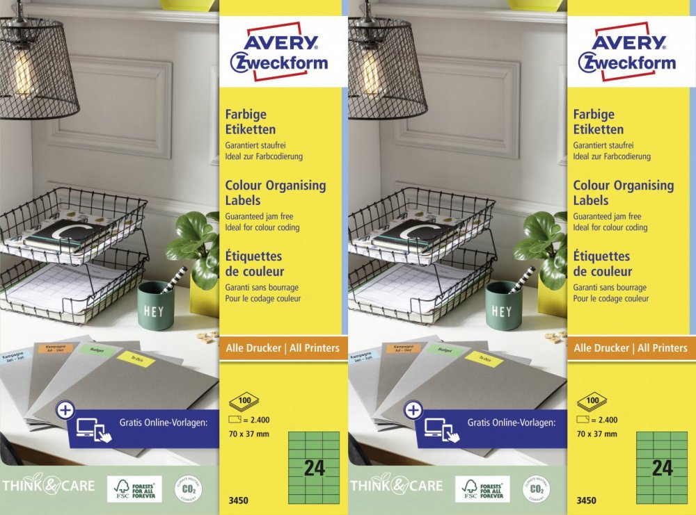 2x Etykiety Avery Zweckform, 70x37 mm, trwałe, 100 arkuszy, zielony