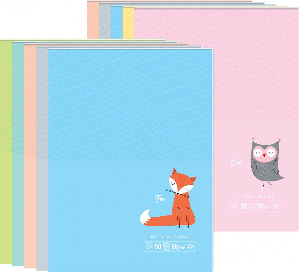 10x Notatnik w kratkę BEBE Friends, A7, 50 kartek, mix wzorów