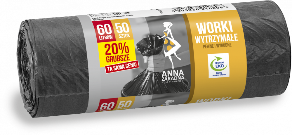 Worki na śmieci Anna Zaradna, wytrzymałe, na odpady zmieszane, 60l, 50 sztuk, czarny