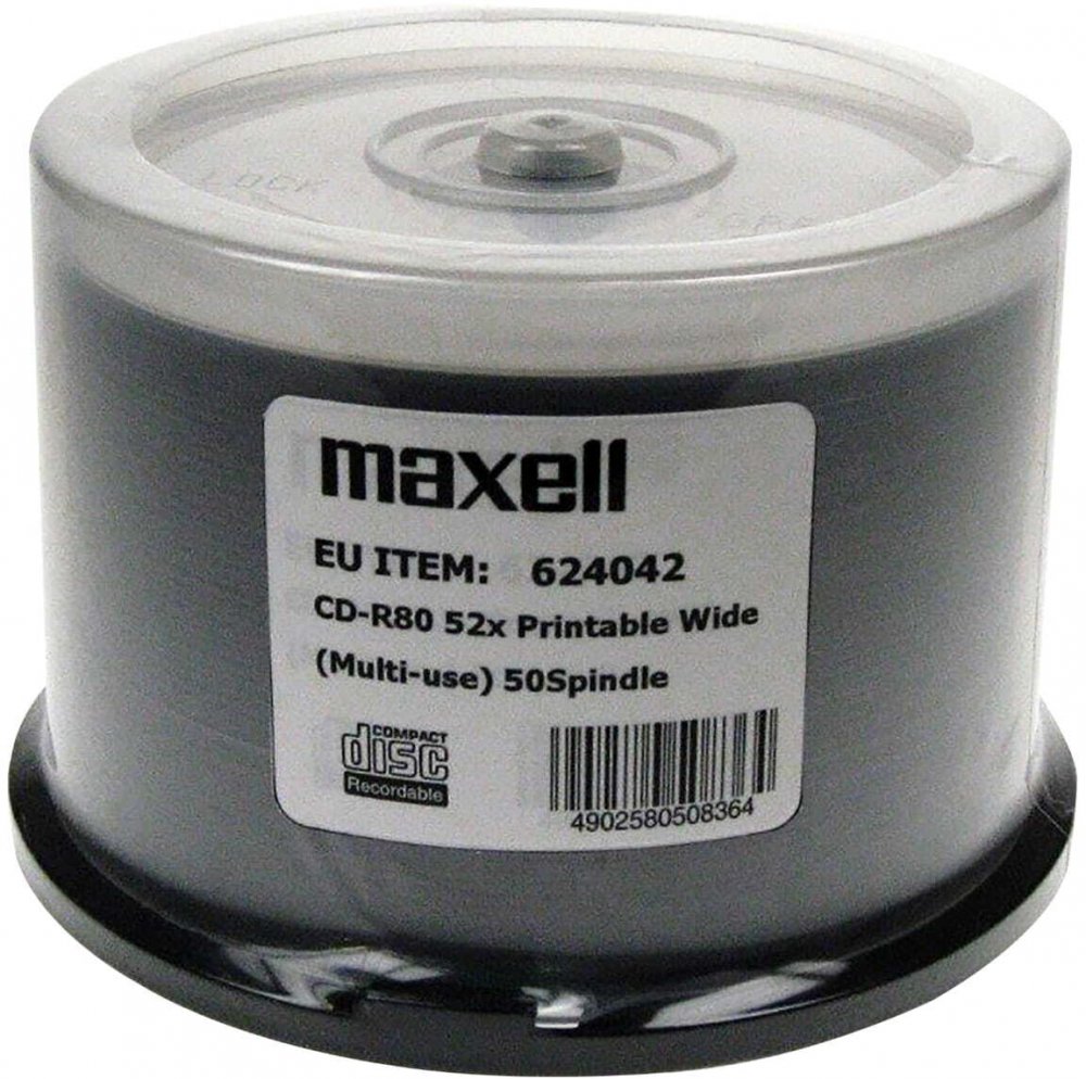 Płyty CD-R Maxell, do nadruku, do jednokrotnego zapisu, 700MB, 52x, cake box, 50 sztuk