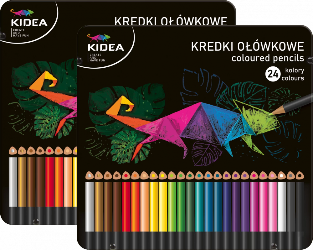 2x Kredki ołówkowe Kidea, trójkątne, w metalowym pudełku, 24 sztuki, mix kolorów