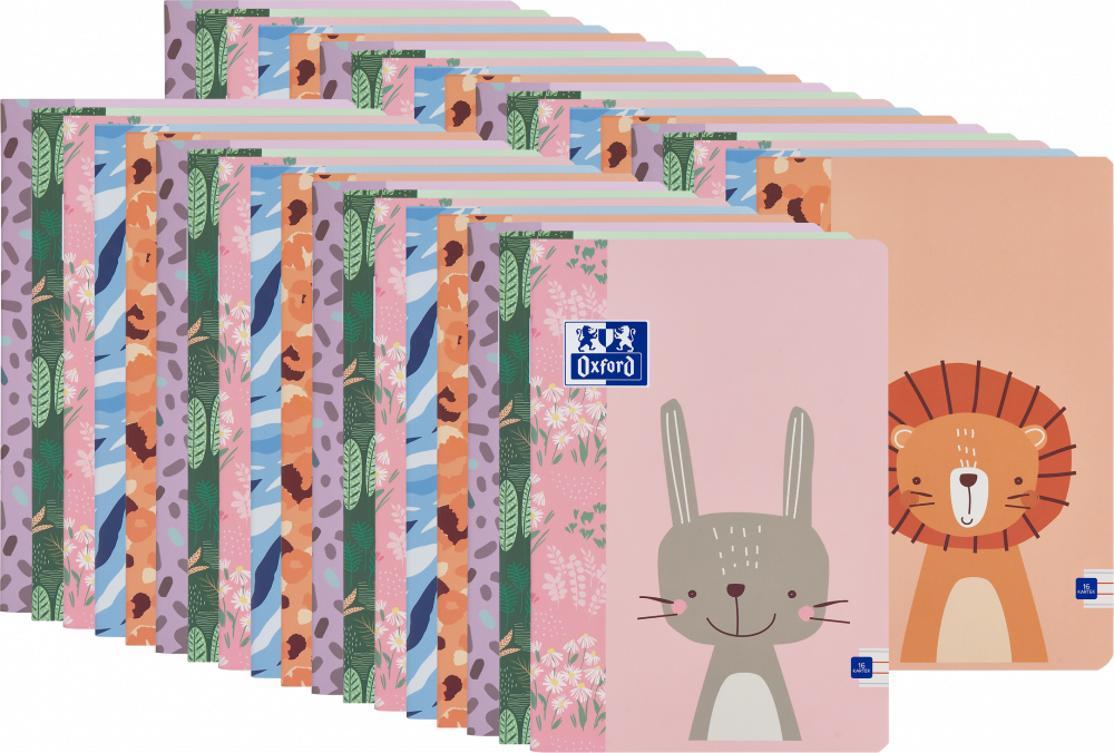 50x Zeszyt w wąskie kolorowe linie Oxford Kids, A5, miękka oprawa, 16 kartek, mix wzorów