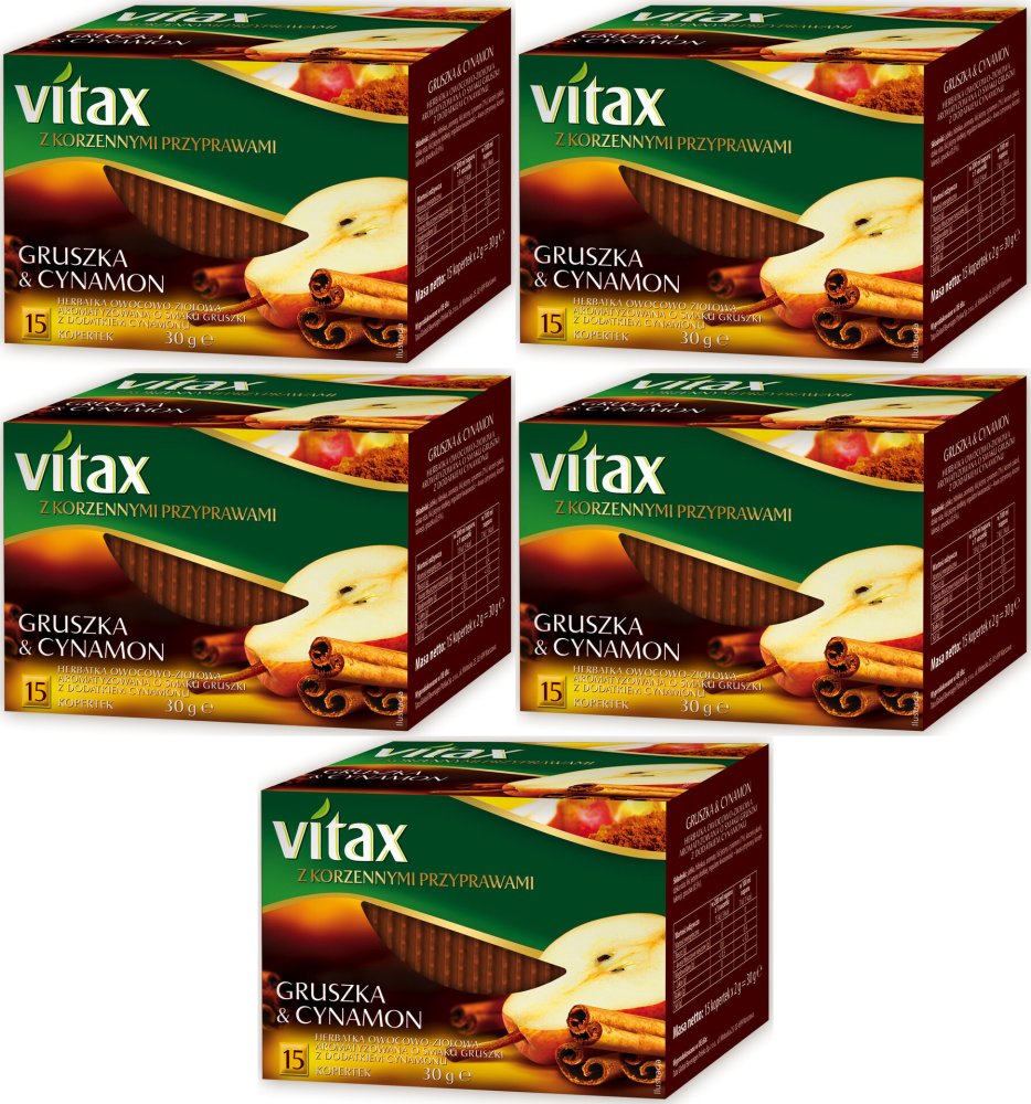 5x Herbata owocowo-ziołowa w kopertach Vitax z korzennymi przyprawami, gruszka i cynamon, 15 sztuk x 2g