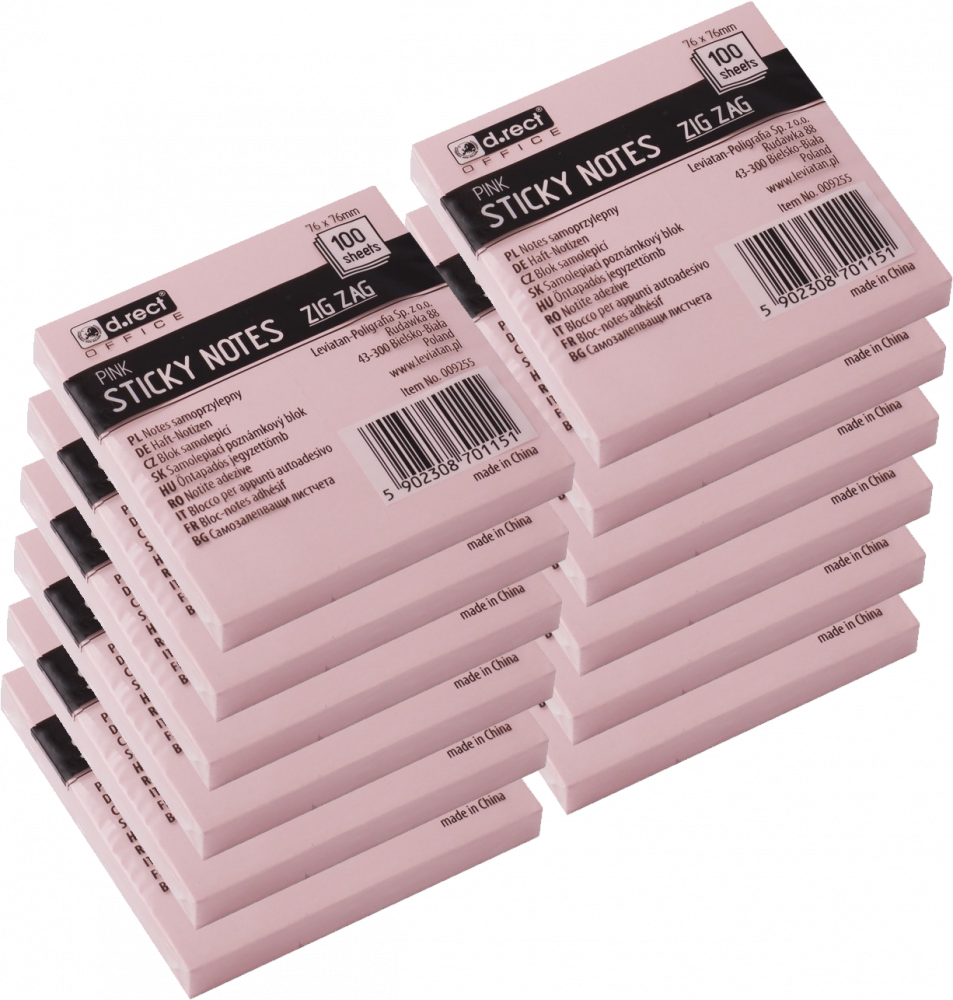 12x Karteczki samoprzylepne D.Rect Zig Zag, harmonijkowe, 75x75mm, 100 karteczek, różowy pastelowy
