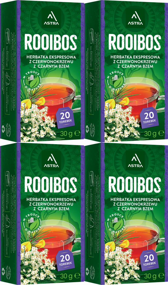 4x Herbata Rooibos w torebkach Astra, czarny bez, 20 sztuk x 1.5g