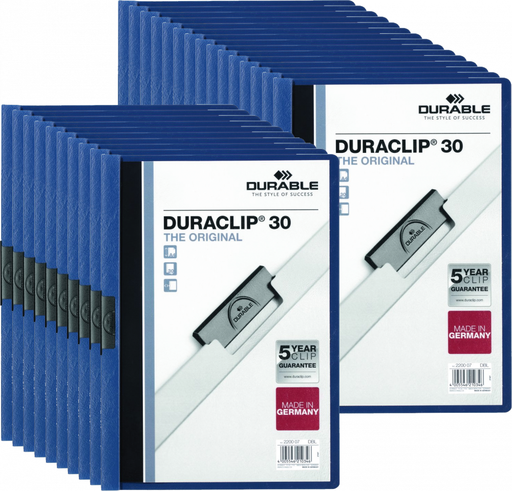 25x Skoroszyt plastikowy z klipsem Durable Duraclip, A4, do 30 kartek granatowy