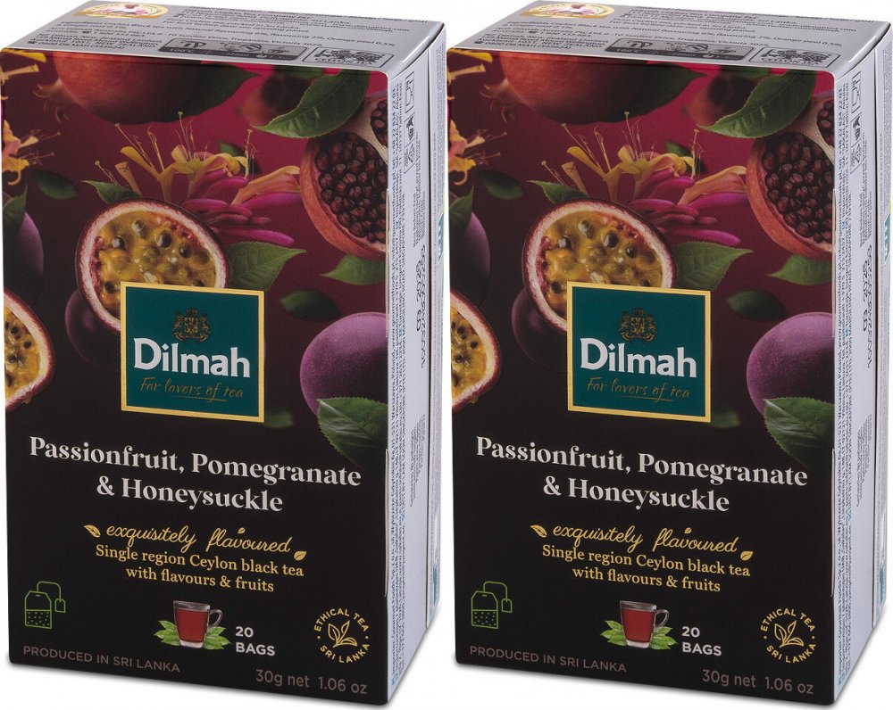 2x Herbata czarna aromatyzowana w torebkach Dilmah Passionfruit Pomegranate&Honeysuckle, granat/marakuja/wiciokrzew, 20 sztuk x 1.5g