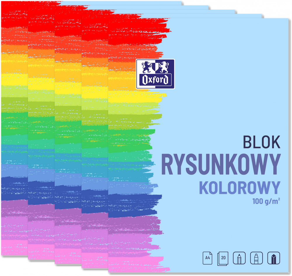 5x Blok rysunkowy Oxford, A4, 10 kartek, kolorowy, 100g/m2