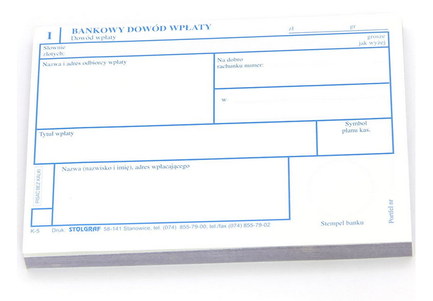 Druk akcydensowy Stolgraf Bankowy dowód wpłaty K-5, A6, 100k