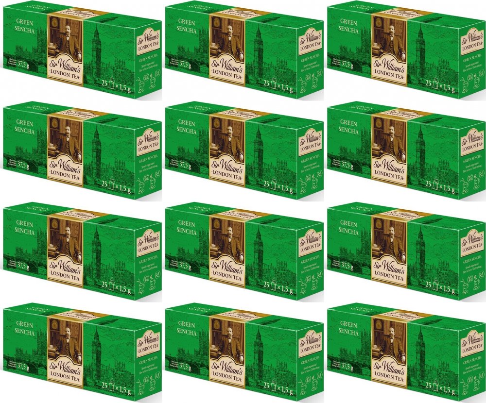 12x Herbata zielona w torebkach Sir William's London Green Sencha, 25 sztuk x 1.5g