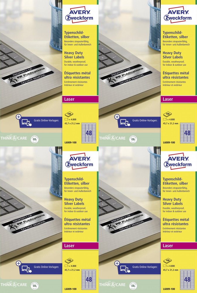 4x Etykiety znamionowe Avery Zweckform Heavy Duty, A4, 47.5x21.2mm, 100 arkuszy, srebrny
