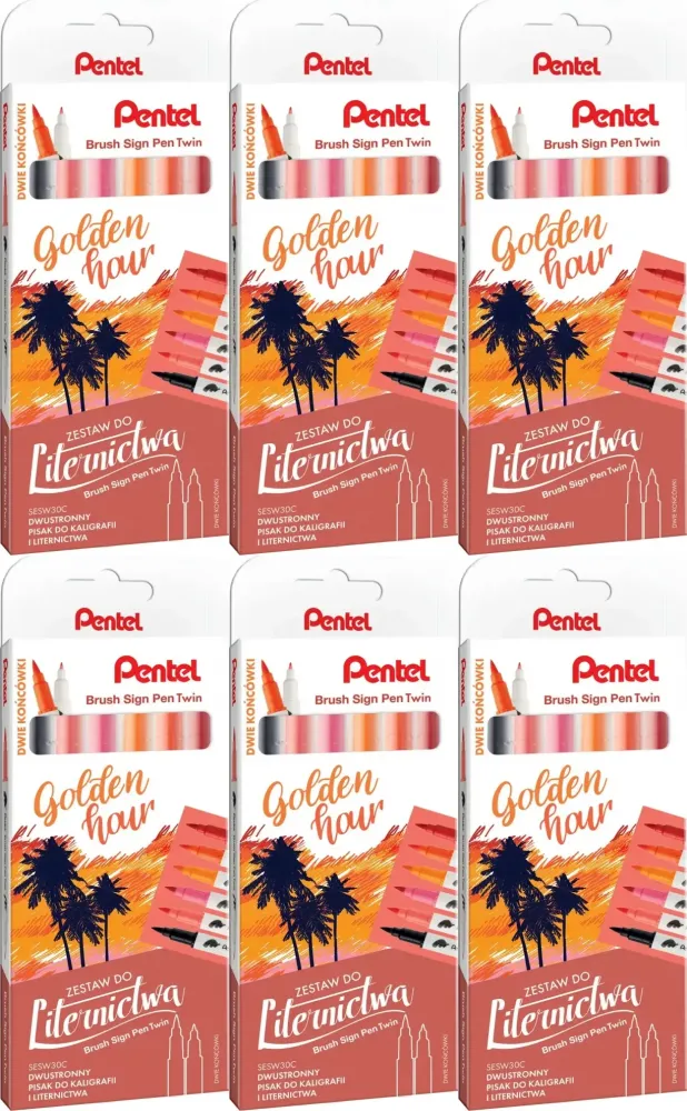 6x Pisaki do kaligrafii i liternictwa Pentel Brush Sign Pen Twin SESW30C Golden Hour, dwustronne, 6 sztuk, mix kolorów