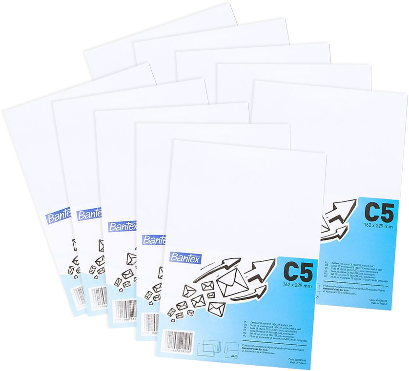 10x Koperta standardowa Bantex, C5, z paskiem HK, 25 sztuk, biały