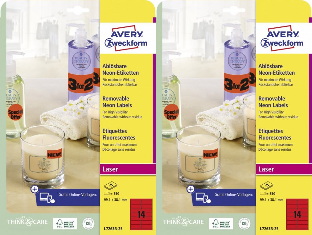 2x Etykiety Avery Zweckform, 99.1x38.1mm, usuwalne, 25 arkuszy, neonowy czerwony