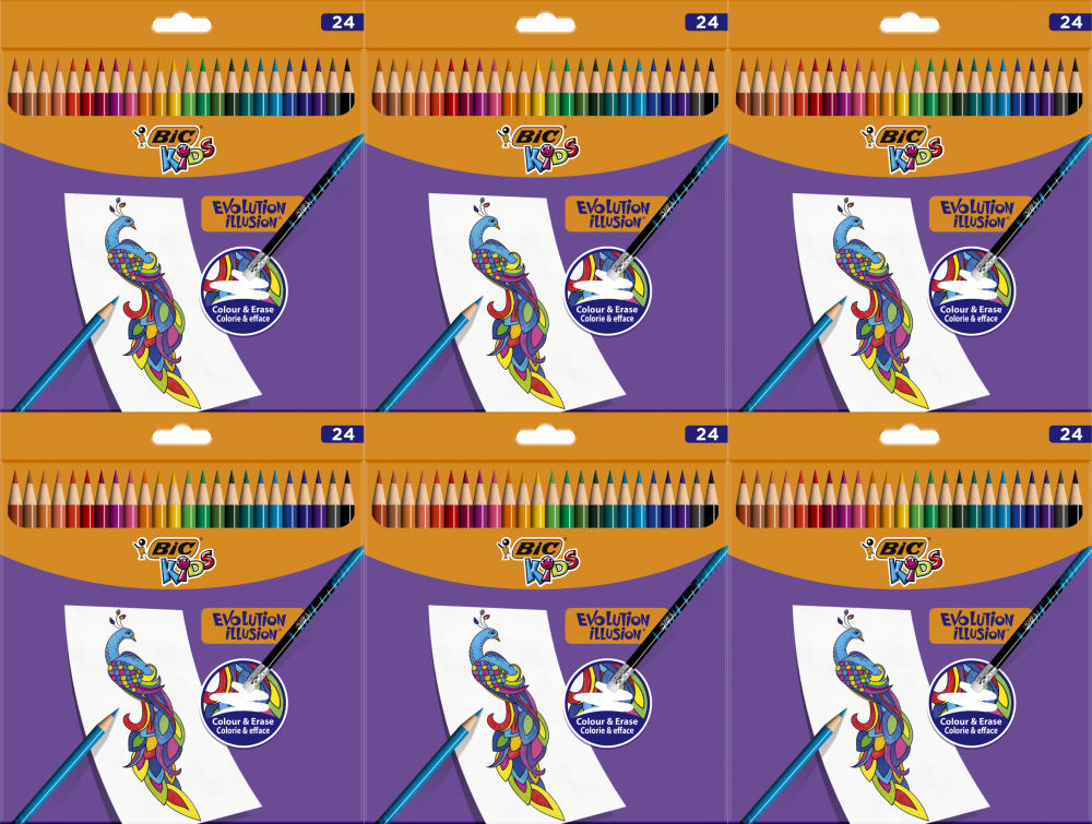 6x Kredki ołówkowe BIC Kids Evolution Illusion, wymazywalne, 24 sztuki, mix kolorów