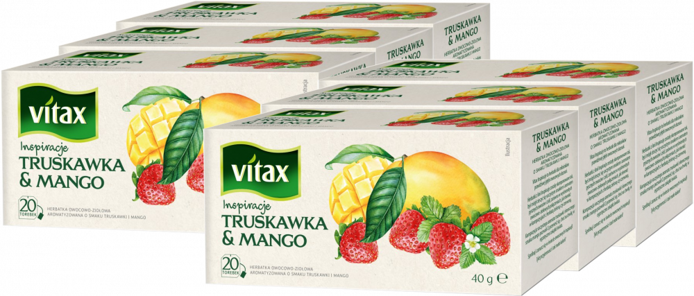 6x Herbata owocowa w torebkach Vitax Inspirations, truskawka i mango, 20 sztuk x 2g