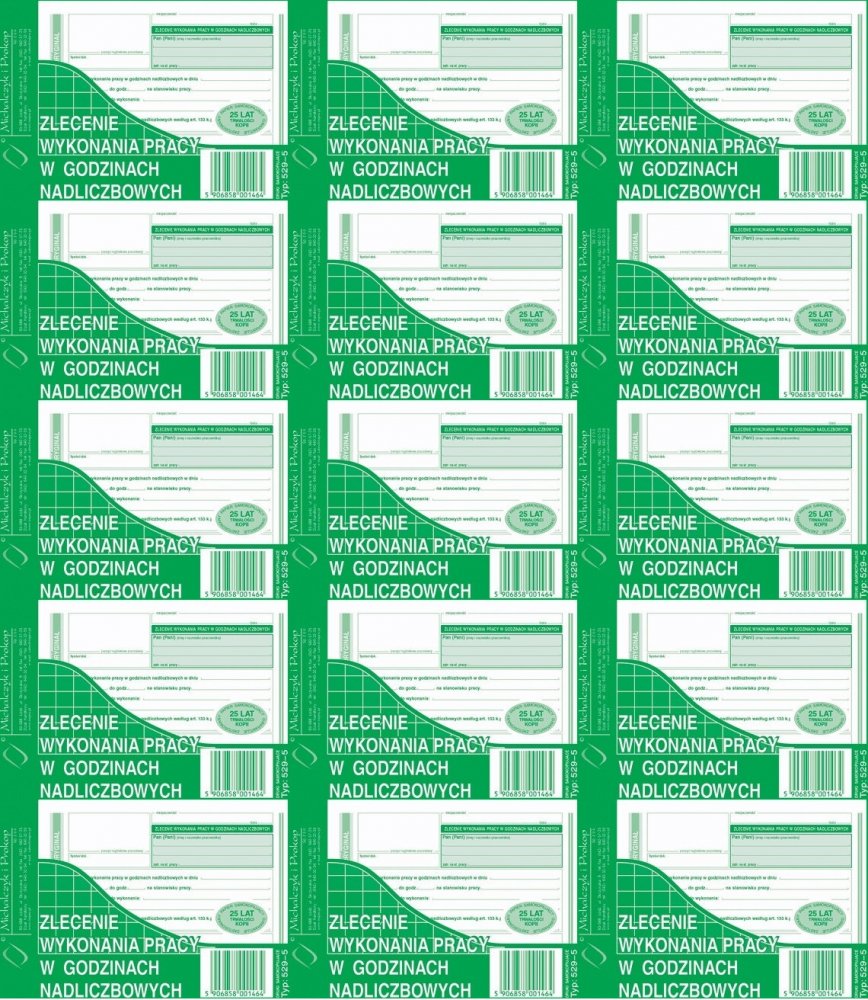 15x Druk akcydensowy zlecenie wykonania pracy w godzinach nadliczbowych MiP 529-5, A6, 1 kopia, 40k
