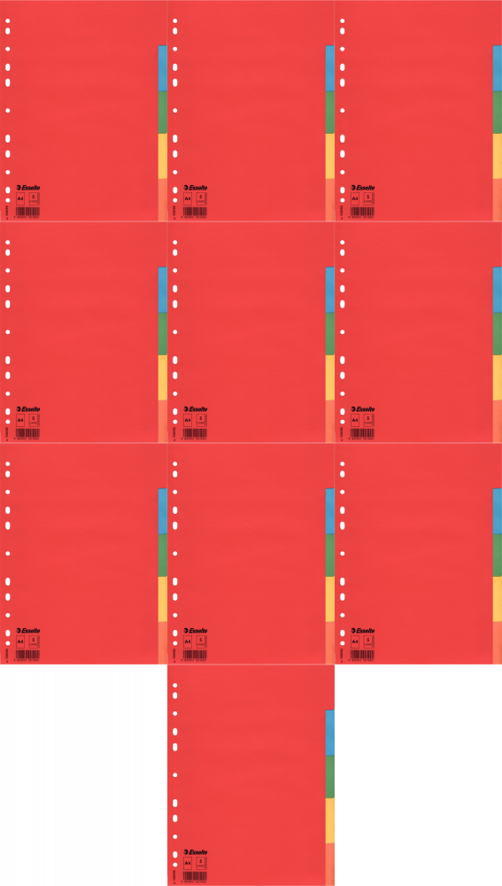 10x Przekładki do segregatora Esselte, kartonowe, A4, 5 kart, mix kolorów