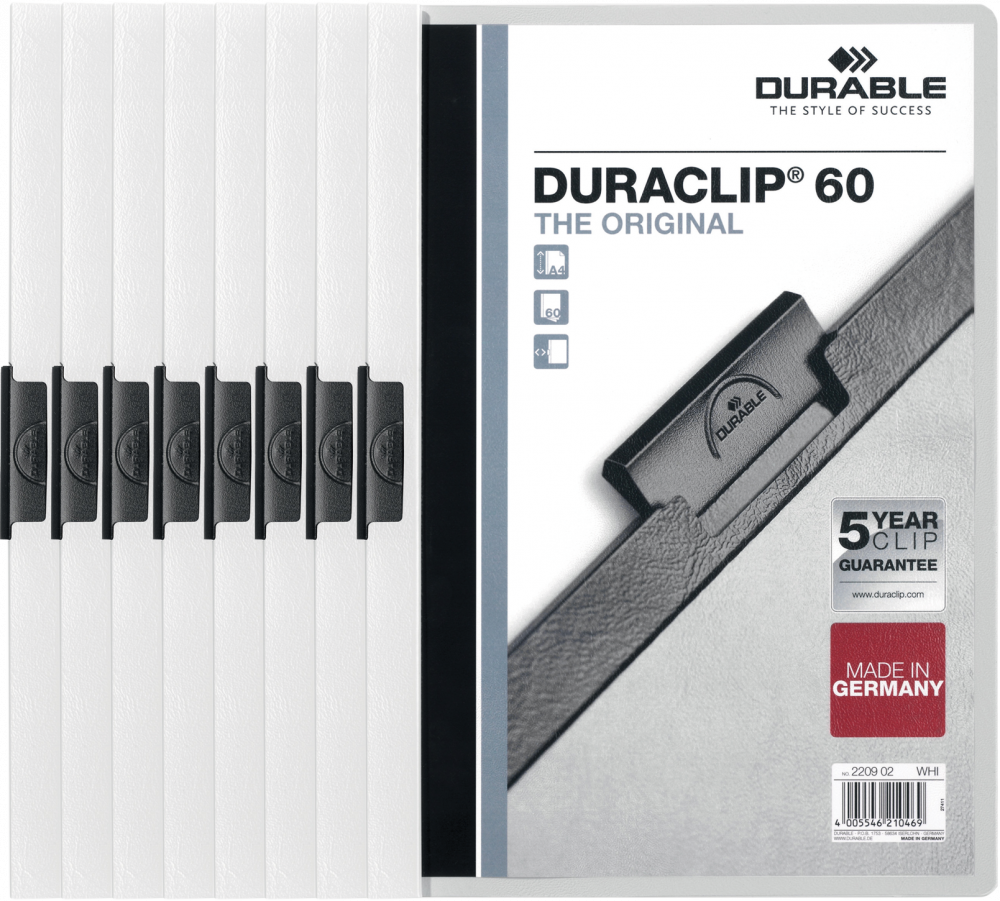 8x Skoroszyt plastikowy z klipsem Durable DuraClip, A4, do 60 kartek, biały