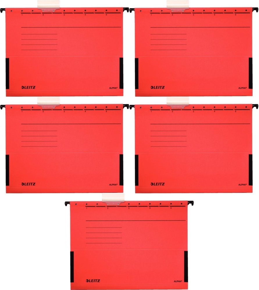 5x Teczka zawieszkowa kartonowa z rozciągliwymi bokami Leitz Alpha, A4, 348x260mm, 275g/m2, czerwony