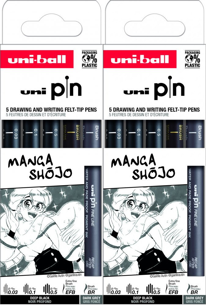 2x Zestaw cienkopisów kreślarskich Uni PIN-200 Manga Shojo, 5 sztuk, czarny/szary