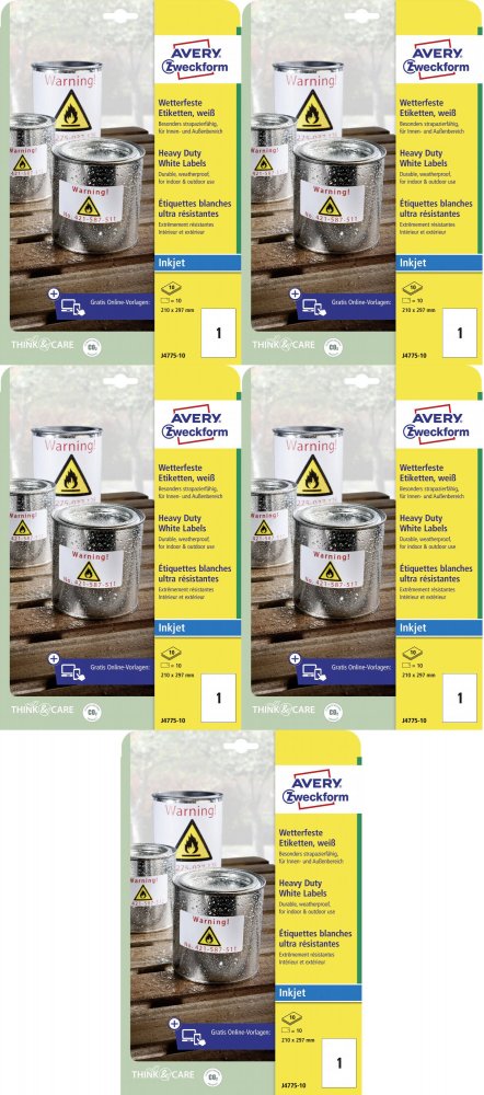 5x Etykiety poliestrowe Avery Zweckform Heavy Duty, wodoodporne, 210x297mm, 10 arkuszy, biały