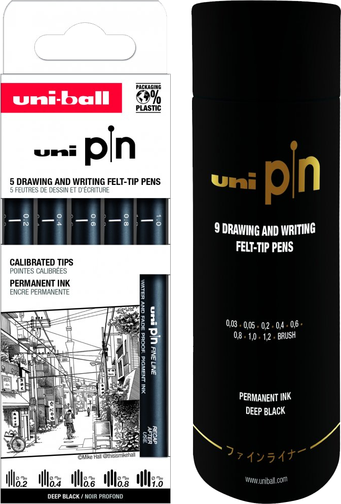 Zestaw cienkopisów kreślarskich Uni PIN-200, 0.2-1.0mm, 5 sztuk, czarny + Cienkopis kreślarski Uni PIN-200, tuba, 9 sztuk, czarny