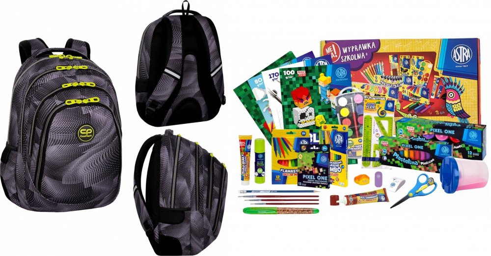 Zestaw Plecak szkolny CoolPack Drafter 3 Hurricane, trzykomorowy, 27l, 44.5x32x19cm, szaro-czarny + Wyprawka szkolna Astra Pixel One (XL), 27 