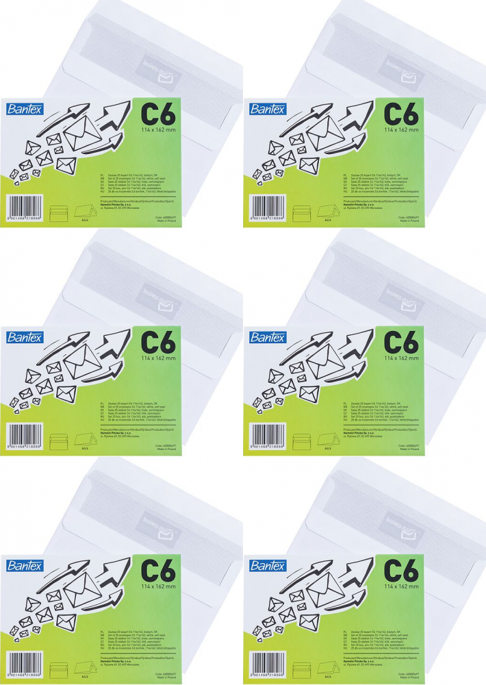 6x Koperta standardowa Bantex, C6, samoklejąca SK, 25 sztuk, biały