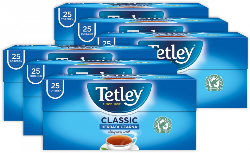 6x Herbata czarna w torebkach Tetley Classic, 25 sztuk x 1.5g