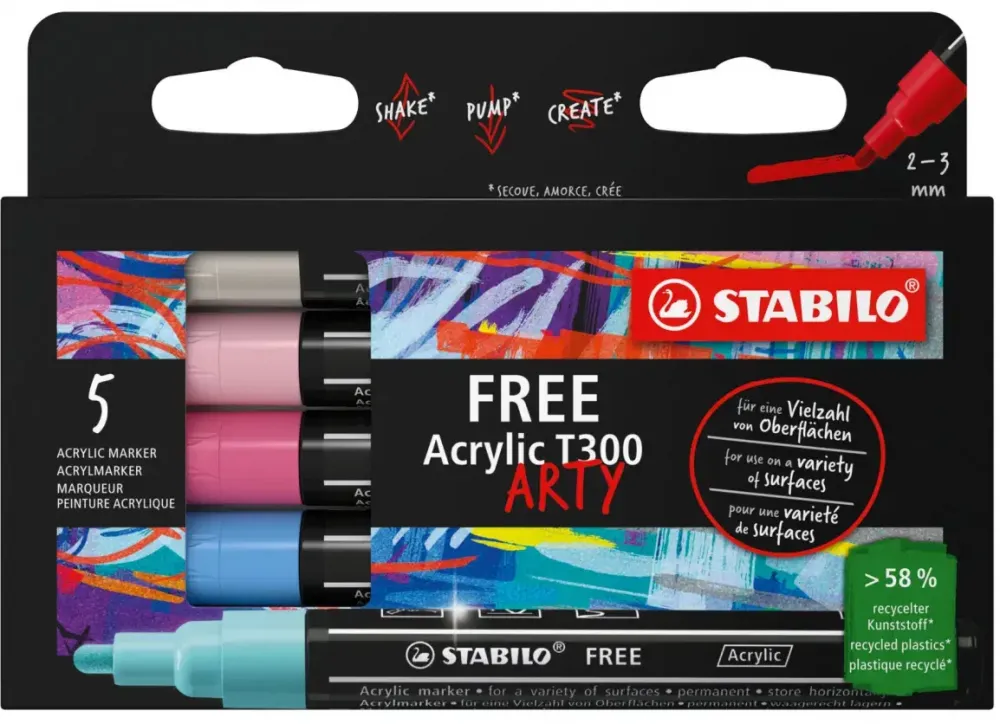 Pisak akrylowy Stabilo Free Acrylic T300 692/5 Candy Set, okrągła, 2-3mm, 5 sztuk, mix kolorów