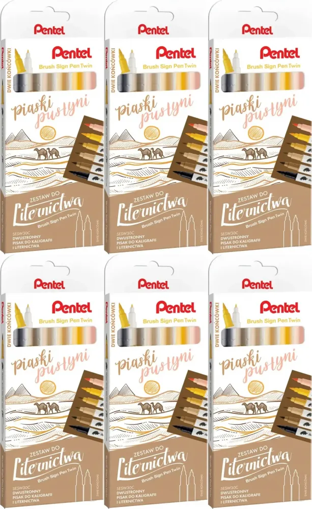 6x Pisaki do kaligrafii i liternictwa Pentel Brush Sign Pen Twin SESW30C Piaski Pustyni, dwustronne, 6 sztuk, mix kolorów