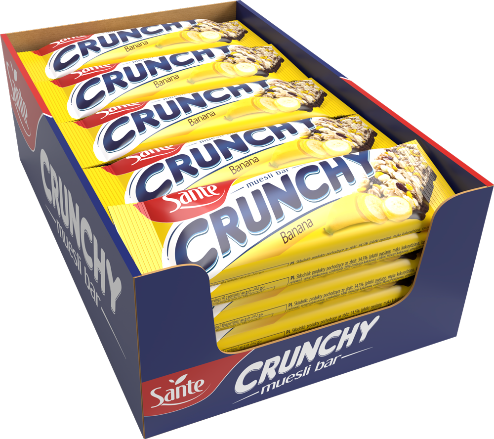 Outlet: USZKODZONE OPAKOWANIE Baton Sante Crunchy, bananowy w polewie czekoladowej, 40g, 25 sztuk
