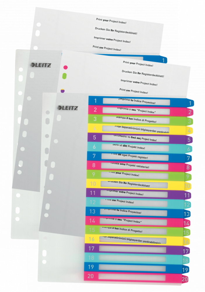 2x Przekładki do segregatora Leitz Wow, plastikowe, numeryczne, do zadruku, A4+, 20 kart, mix kolorów