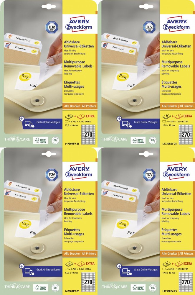 4x Etykiety samoprzylepne usuwalne Avery Zweckform, 17.8x10mm, 25 arkuszy + 5 gratis, biały