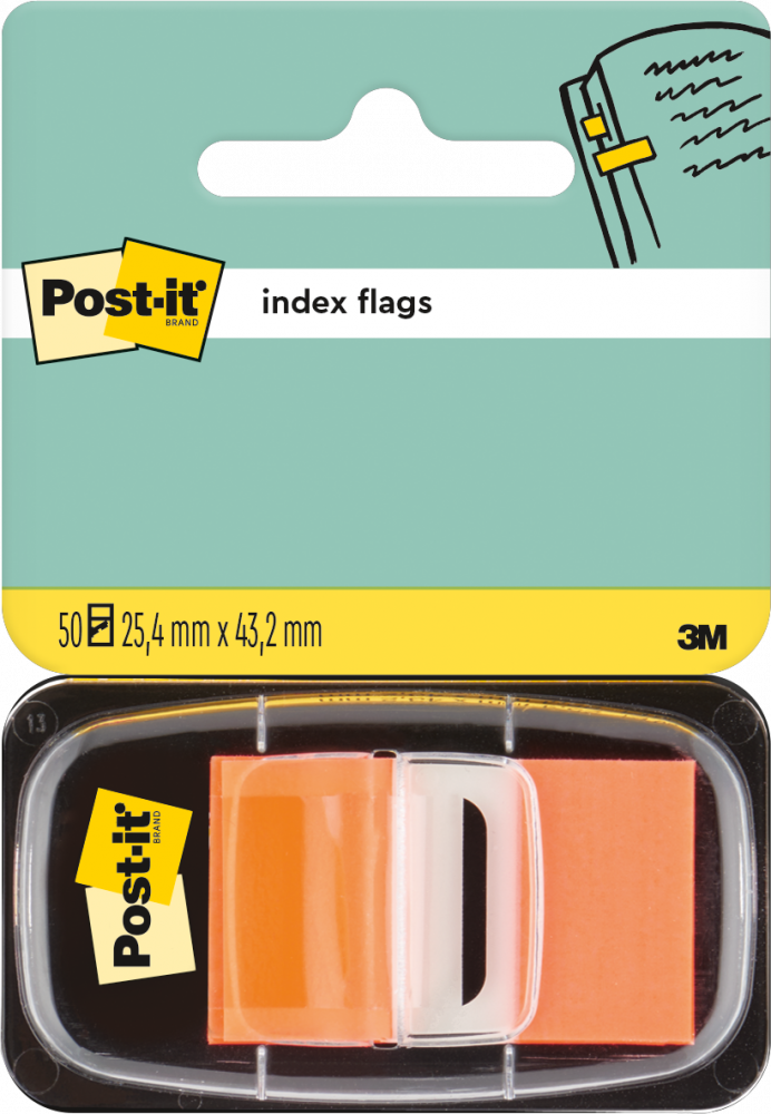 Zakładki samoprzylepne Post-it proste, indeksujące, folia, półtransparentne, 25.4x43.2mm, 1x50 sztuk, pomarańczowy