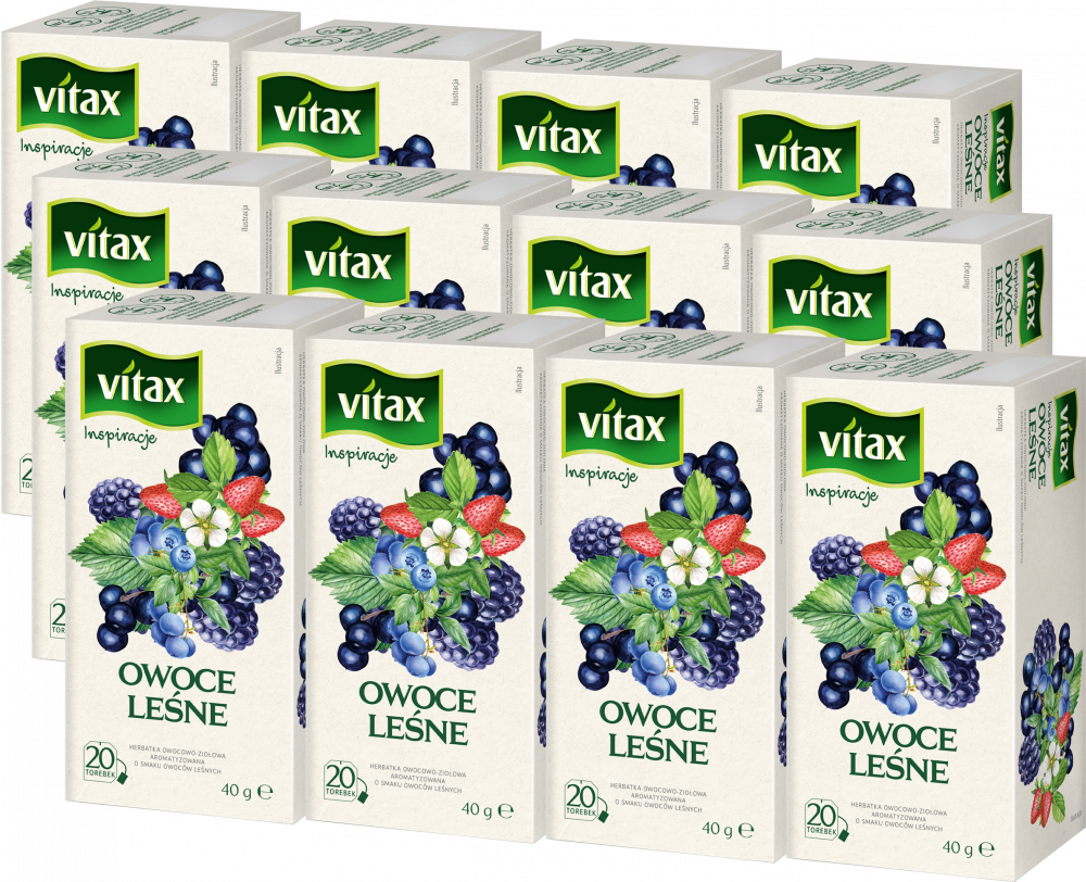12x Herbata owocowa w torebkach Vitax Inspirations, owoce leśne, 20 sztuk x 2g