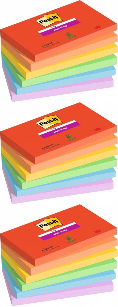 3x Karteczki samoprzylepne Post-it Super Sticky Playful, 76x127mm, 6x90 karteczek, mix kolorów