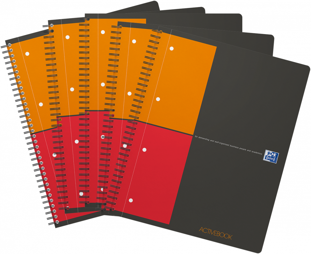5x Kołonotatnik Oxford International ActiveBook, A4+, w kratkę, 80 kartek, okładka PP, szary